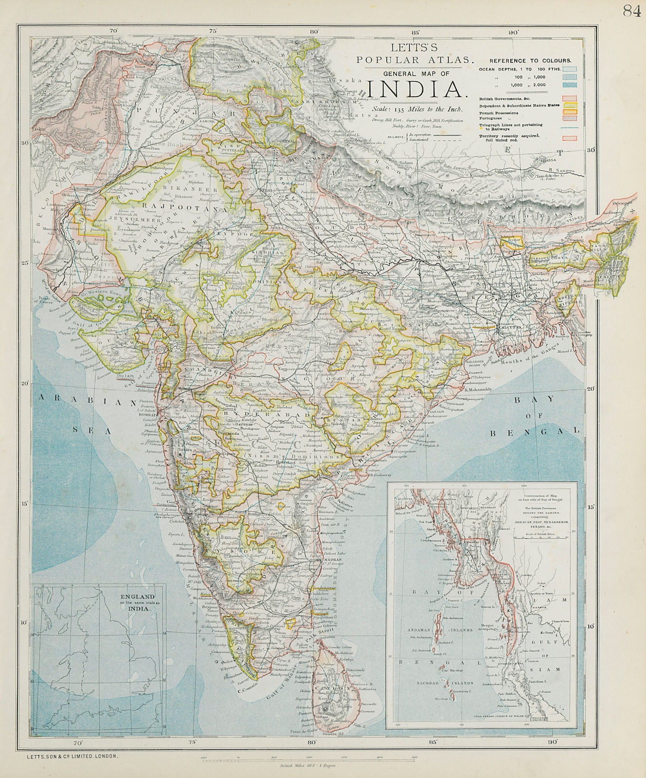 BRITISH INDIA French Portuguese Native states Railways telegraphs LETTS 1884 map